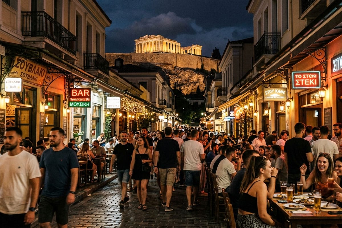 Bustling street at night with outdoor dining, bar signs, and illuminated Acropolis in the distance.